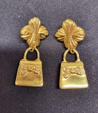 Vintage 1980's Fendi Gold Plated Handbag Drop Earrings Clip-on / Signed picture