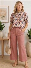 NWT LOFT Floral Smocked Mock Neck Blouse MP & Blush Wide Leg Pants 0P EarringSet picture