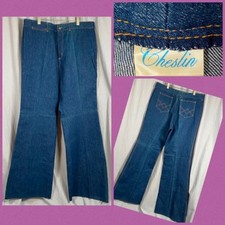 Vintage Cheslin Bell Bottom Denim Jeans Men's 40x37.5 Unhemmed Dark Wash Pockets picture