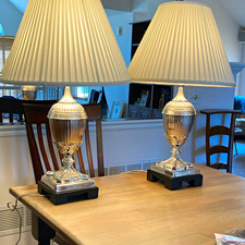 Frederick Cooper Pair Silver Table Lamps w/ White Pleated Empire Shades tri lite picture
