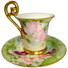 Antique T&V Limoges France Chocolate Cup Saucer Hand Painted Pink Tea Roses picture