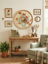 Vintage Round Framed Floral Watercolor Art Print Orange Poppies Grandmacore Boho picture