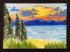 ACEO Original ART PRINT Abstract Landscape Lake  Acrylic Painting by Annibbie P6 picture
