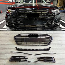 Gloss Black For 2019-2021 Audi A8 Front Bumper Grille & Fog Light Lamp Frame 6PC picture