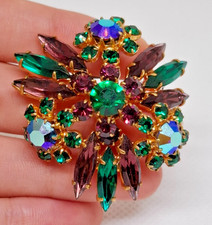 Vintage Czech Bohemian Tiered Rhinestone Brooch Pin Emerald Purple AB Crystal picture