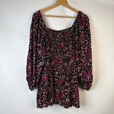 Bobeau Smocked Peplum Blouse Women 2X Black Pink Floral Square Neck Balloon Top picture