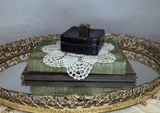 Antique Small Square Leather Jewelry Box With Brass Cube Knob Made In Italy picture