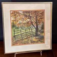 Vtg Barbara Sullivan Original Watercolor Painting Autumn Landscape Signed 15x15 picture