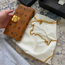 MCM Women’s Brown Logo Folding Crossbody Wallet with Chain Strap picture