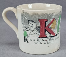 British Staffordshire K is a Kitten L is a Ladder Transferware Child's Mug C1840 picture