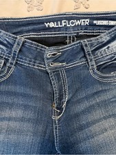 Wallflower Women's Dark Blue High-Rise Jeans with White Contrast Stitching picture
