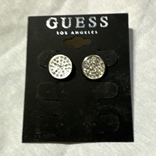 GUESS Silver Tone Round Clear Crystal Pavé Stud Earrings, Butterfly Back picture