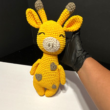 Handmade Crocheted Giraffe Stuffed Animal Plush Yellow Gray Spots Small picture