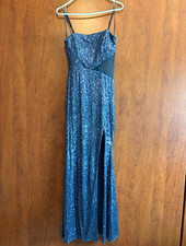 Trixxi Blue Sequin Sheer Mesh Strappy Sleeveless Zip Maxi Dress Juniors 9 picture