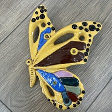 Vtg 1974 Ceramic Butterfly Wall Hanging Plaque Yellow Retro 70s Art Signed picture