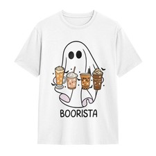 Boorista Ghost Coffee Lover Spooky Season Halloween Graphic White T-Shirt picture