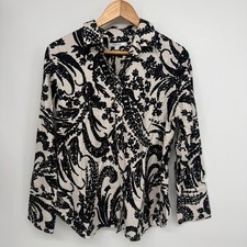 NWOT Chicos Size 2 Black White Paisley Floral Cotton Button Down Shirt 12-14 L picture