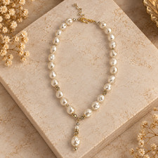 Vintage Faux Baroque Pearl Y Drop Necklace Smoky Crystal Rhinestone Gold Tone 20 picture