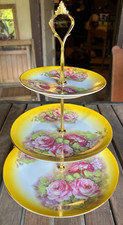 Vintage Victoria Trading Co 1898 China 3 tiered tray pink roses yellow edges picture