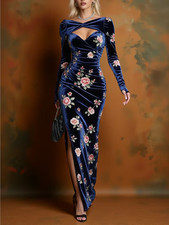 Vintage Style Dark Blue Velvet Floral Split Maxi Dress Cross Neck L XL picture