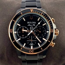 Bulova Marine Star Quartz Watch 45mm Black Dial Steel Strap Men's Watch 98B302 picture