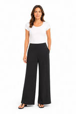 Three Dots Wide Leg Elastic Waist Stretch Black Solid Women's Pants Regular S picture