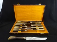 12 Antique French Horn Handle Dinner Knives Silver Collars Art Nouveau Flatware picture
