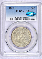 1860-O SEATED LIBERTY HALF DOLLAR PCGS AU55 CAC CHOICE ORIGINAL picture