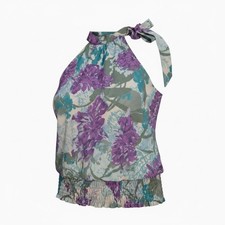 Cato Womens TopXL Blue Purple Floral Halter Neck Sleeveless Smocked Waist Blouse picture