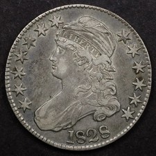 1828 Curl Base 2, No Knob 50c Capped Bust Half Dollar - XF picture