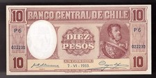 1933 CHILE  10  PESOS  Pic # 92c  AU  (CRISP) picture