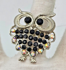 Silver Tone Black Rhinestone Owl Statement Ring Size 7.5 Costume Jewelry picture