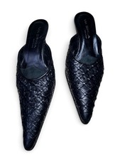VTG VIA SPIGA Pointy Woven Mules Sz 7 Black Leather Kitten Heels Made In Italy picture