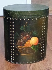 Vtg English Lord & Taylor Tole Painted Wood Wastebasket Lidded Bin Brass 1940 picture