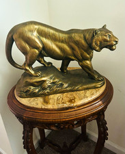 Bronze-Tone Porcelain Tiger Statue Sculpture on Base, 14 in Animal Theme picture