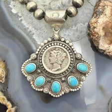 Sterling Silver Southwestern Style 1936 Mercury Dime &Kingman Turquoise Pendant picture