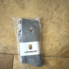 A Bathing Ape BAPE Gray Ribbed Crew Socks Ape Head Logo One Size 1 Pair picture