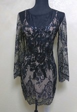 NWT Express Women's Black Lace  Dress Size 4  sheer nude lining scallop hem picture