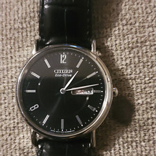 Citizen Eco-Drive Men's Black Dial Day/Date Silver Stainless Steel Black Leather picture