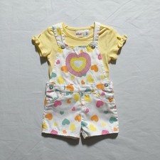 Kidgets Girls 2pc Shorts Set 3T Yellow/White Heart Denim Overalls Pockets picture