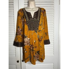 Soft Surroundings Mustard Floral Embroidered Tunic Top Womens Large 2BM75 picture