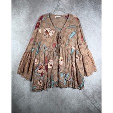 ODDI Blouse Womens 2XL Brown Floral Babydoll Lace Bell Sleeve Peasant Boho Tunic picture