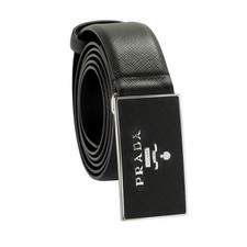 Prada Men's Black Leather Metal Engraved Logo Buckle Belt US 34 IT 85 picture