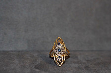 Vintage Gold Filigree Cocktail Ring Blue Diamond Stone Ring Size 6 picture
