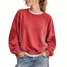 aerie Keep It Light Oversized Crochet Patch Crewneck Sweatshirt XXS Washed Red picture