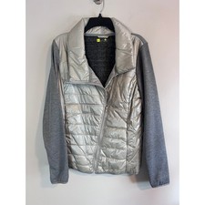 Xersion Womens Mixed Media Quilted Puffer Knit Jacket Pearlized Grey XL NEW picture