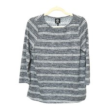 Bobeau Striped Knit Top M Gray White 3/4 Sleeve Crew Neck Soft Transitional EUC picture
