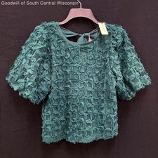 NWT Wmns ANTHROPOLOGIE Sarah Hann Blue Green Textured Short Puff Sleeve Top Sz M picture