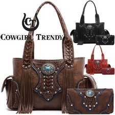 Western Purse Women Fringe Handbag Concho Country Shoulder Bag Wallet Set picture