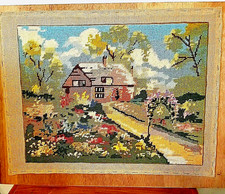 Vtg Cottage by the Woods Completed Needlepoint Embroidery Finished Size 21X16 picture
